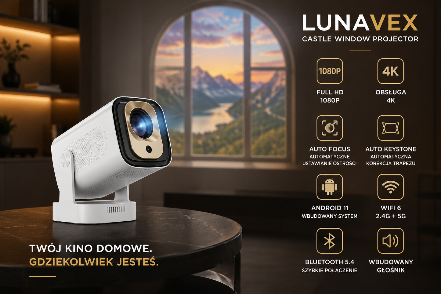 LUNAVEX CASTLE WINDOW — mini projektor Full HD do filmów i efektów ambient